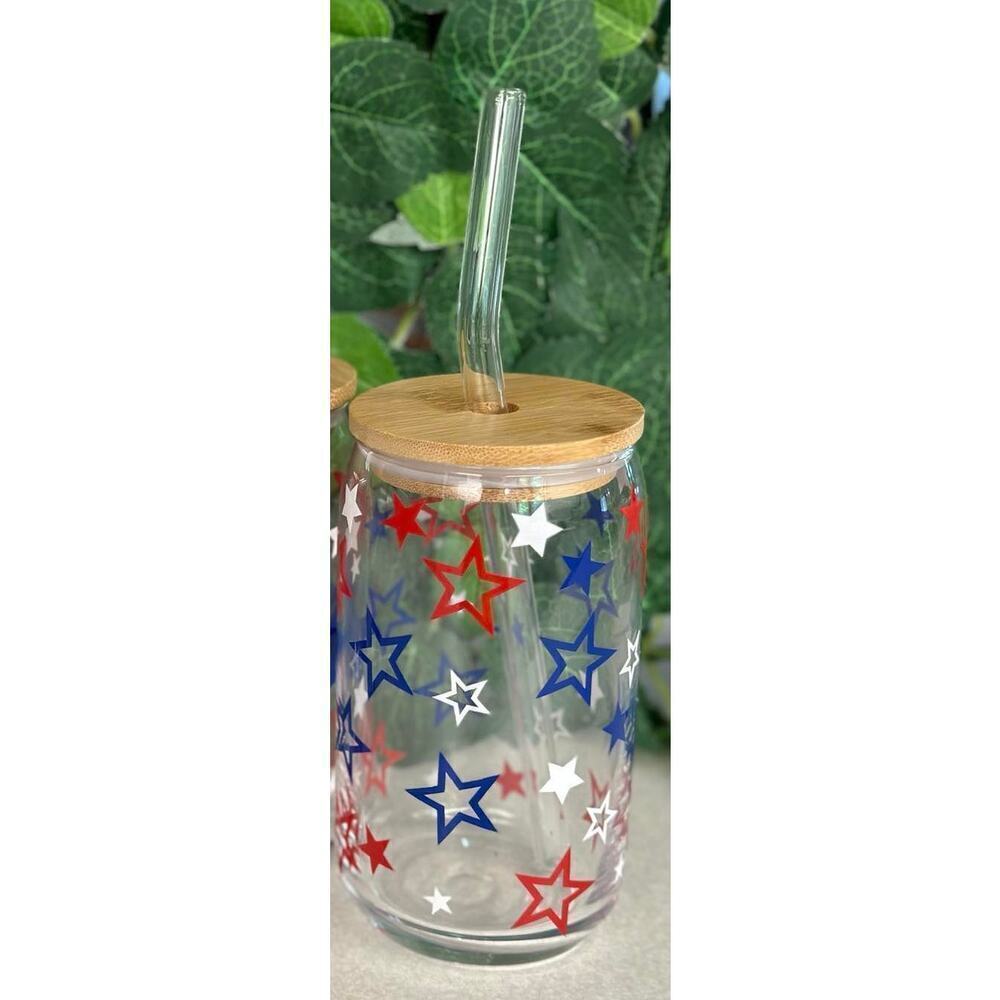 4th of July Glass Cans Glass Can with Bamboo Lid and Glass Straw